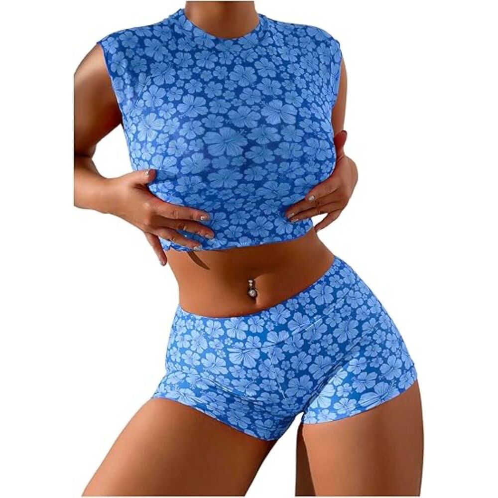 NWOT SOLY HUX Blue Floral Print Triangle Top & Boyshorts Bikini 3 Piece w/ Mesh